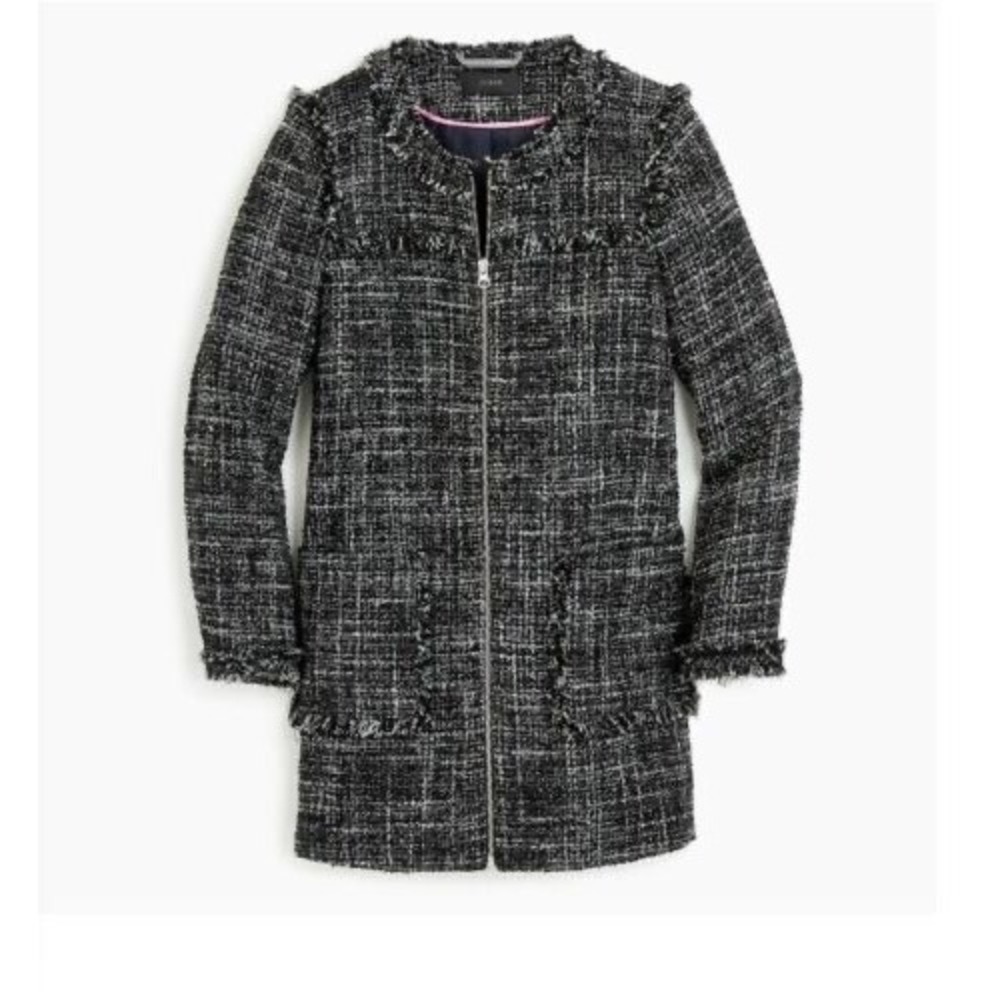 J.Crew Women's Tweed Swing Lady Coat in Black Fringe Trim Size 0 Career